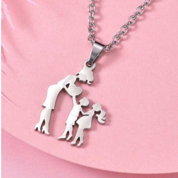 Mother Daughter and Son Etched Stainless Steel Pendant with chain - Picture 1 of 1